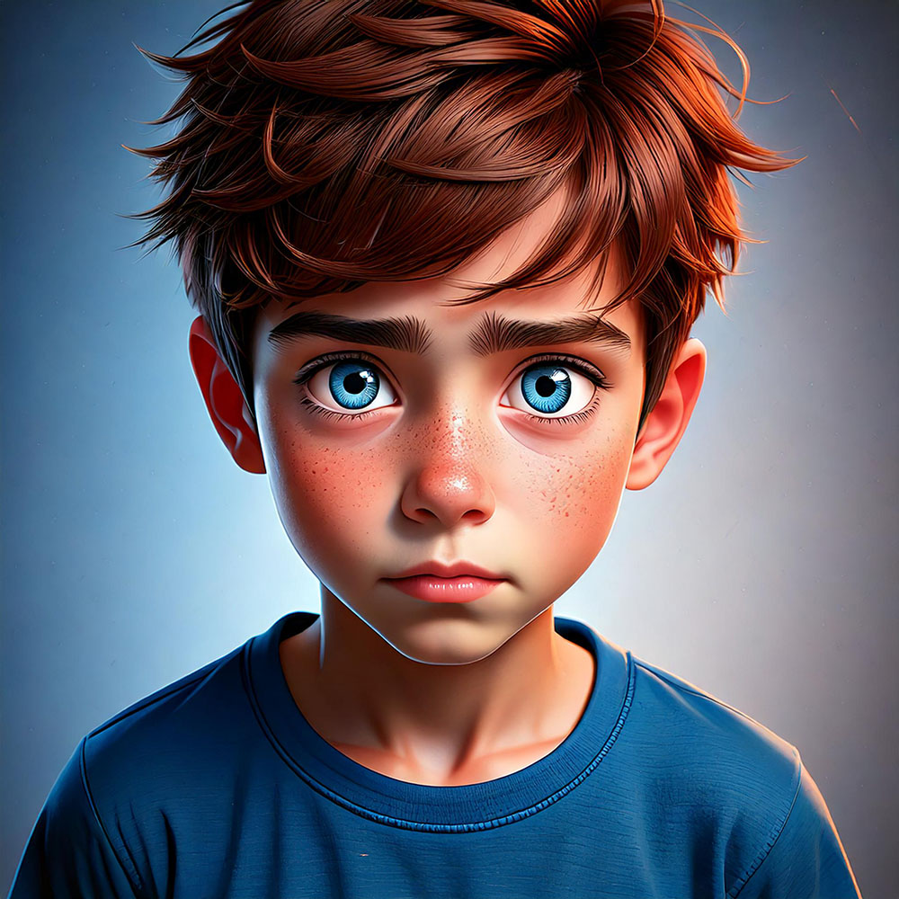 Cartoon of a young boy with large blue eyes, freckles, and tousled brown hair, wearing a blue shirt, looking at the viewer.